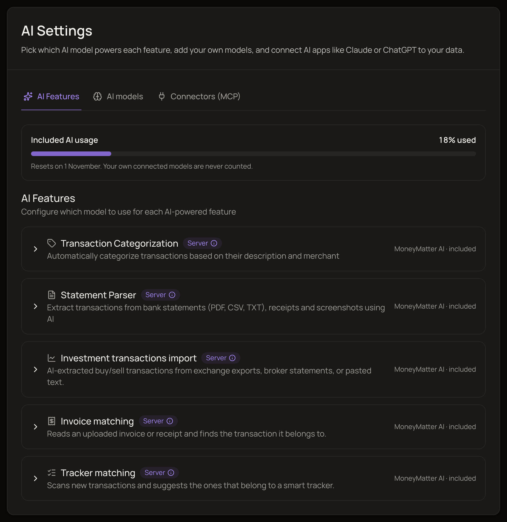 The AI Features tab of AI Settings, with the Included AI usage meter at the top and the list of features, each with the model that powers it.